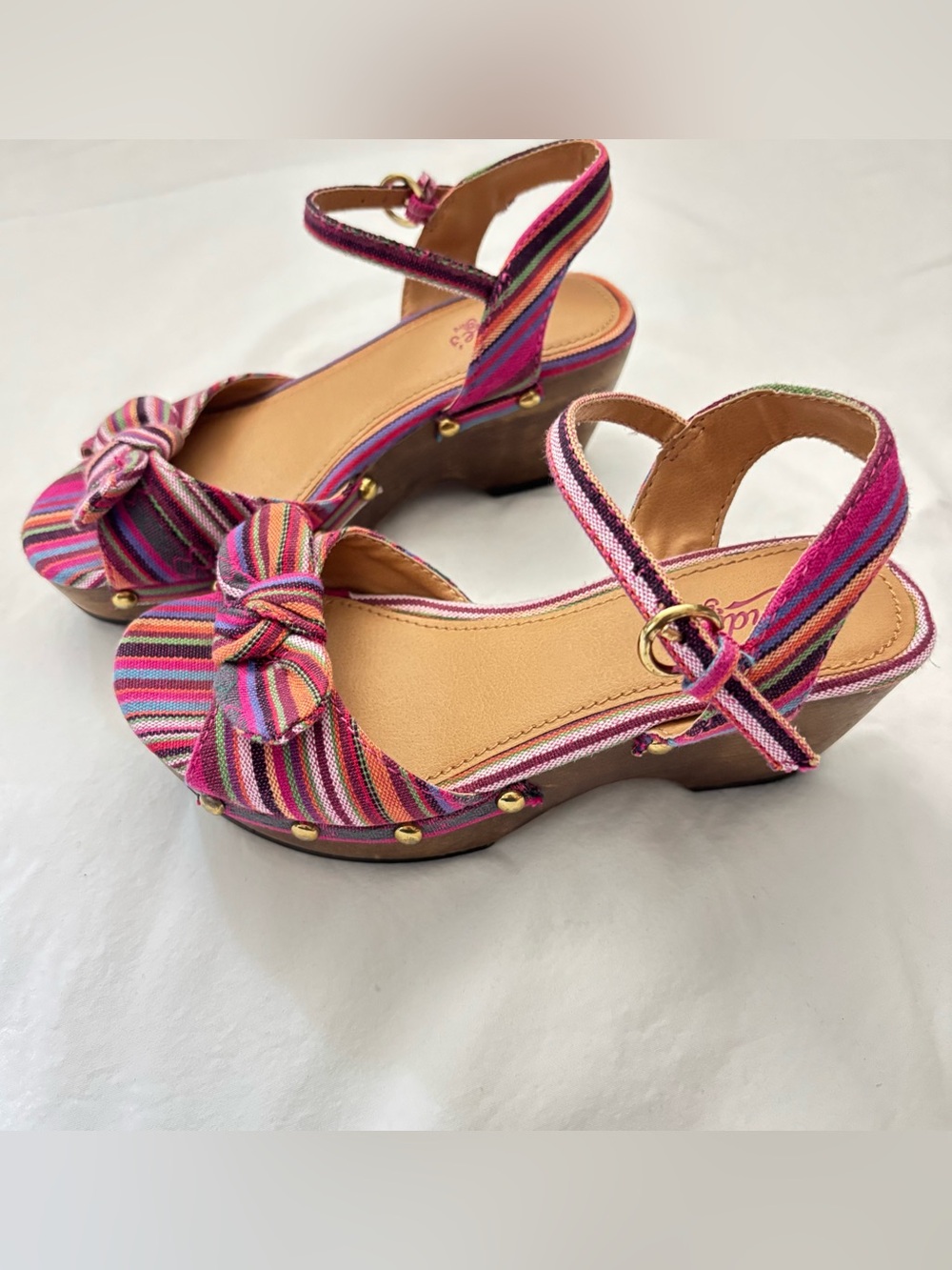 Candie's Pink Multi-Striped Ankle-Strap Wedge Sandals